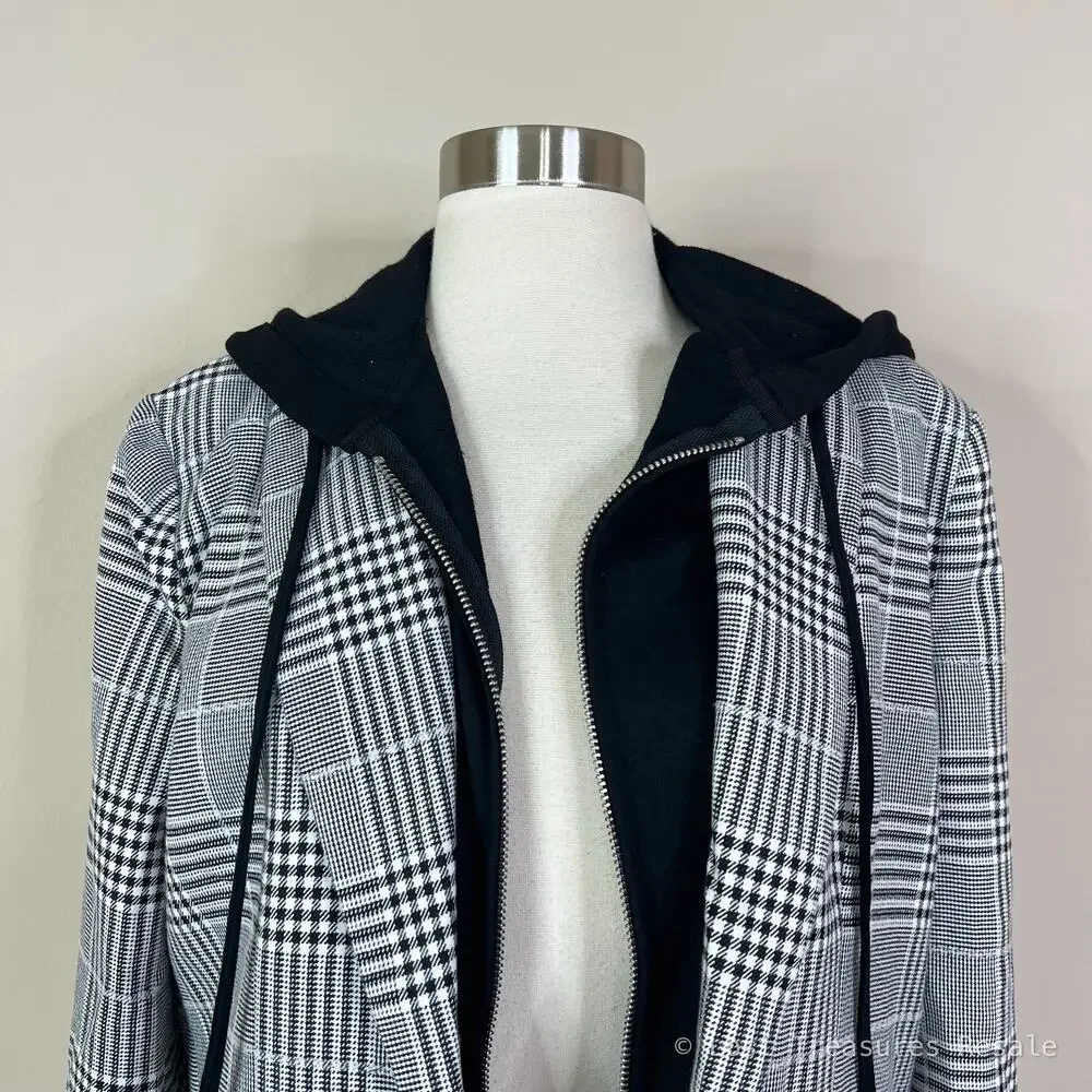 Evereve | Park Avenue Hoodie Dickie Black White Grey Plaid Blazer Jacket Large L - Picture 3 of 9